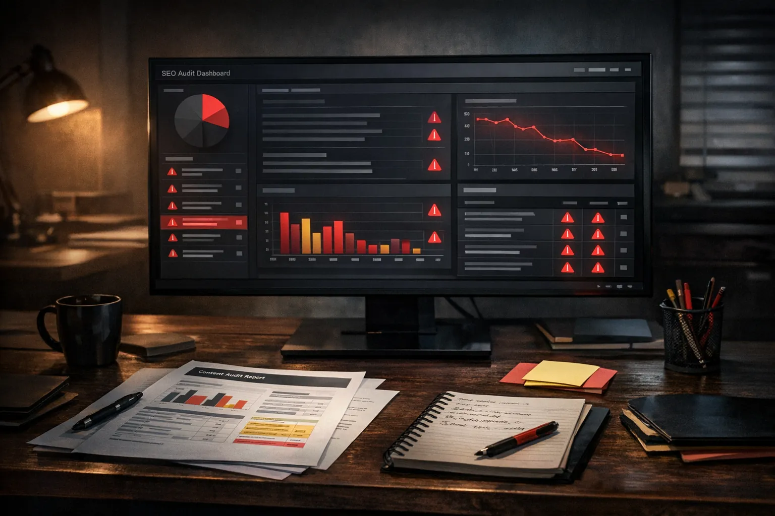 Pulpit audytu treści SEO z dashboardem i raportem