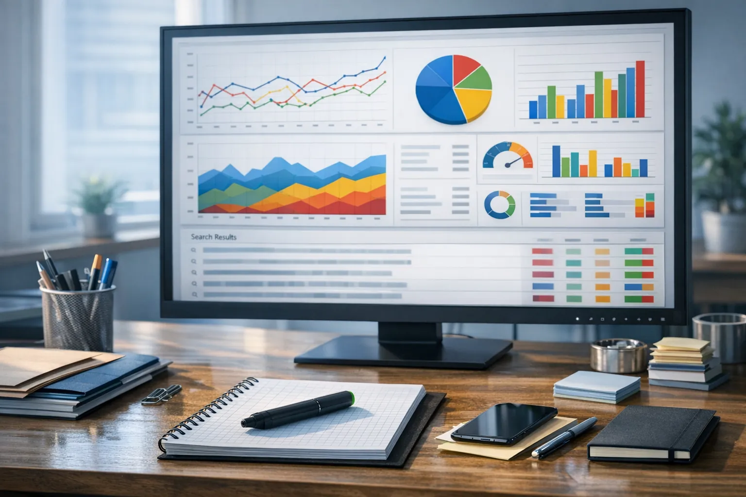 Stanowisko analityczne SEO z wykresami i analizą SERP