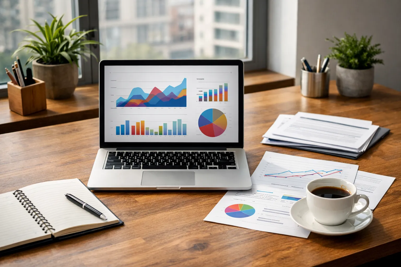 Nowoczesne stanowisko SEO copywritera z laptopem, raportami i kawą