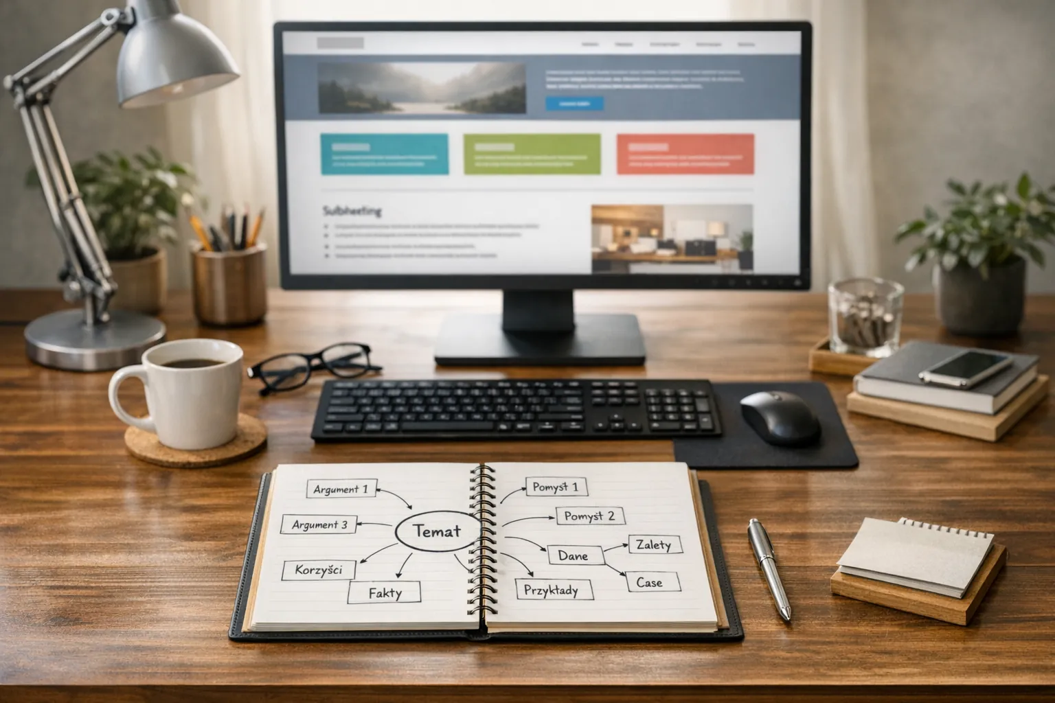Stanowisko SEO copywritera z makietą strony i mapą argumentów